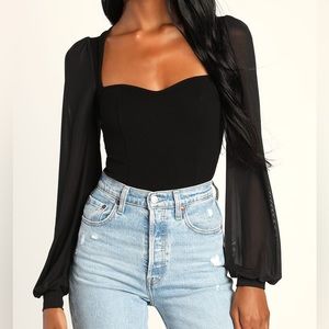 ⭐️ 40% OFF 3+ NWT Lulus Sweetheart Black Ribbed Balloon Sleeve Bodysuit XS